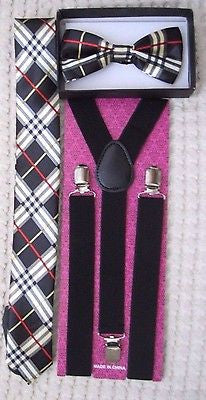 Black Gargoyle Plaid Bow Tie,Black Plaid Necktie&Black Suspenders Combo Set-New!