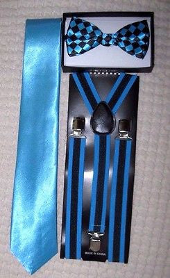 Turquoise French Blue Black Checkered Bow Tie,3" Neck Tie,&Adjustable Suspenders