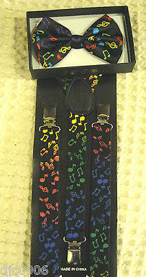 Multi Color Musical Notes Adjustable Bowtie and Adjustable Suspenders Combo-New!