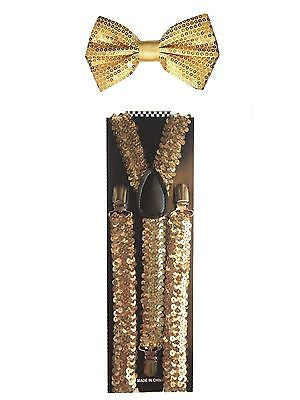 Gold Sequin Adjustable Bow tie & Gold Sequin Adjustable Suspenders Combo-New!v5