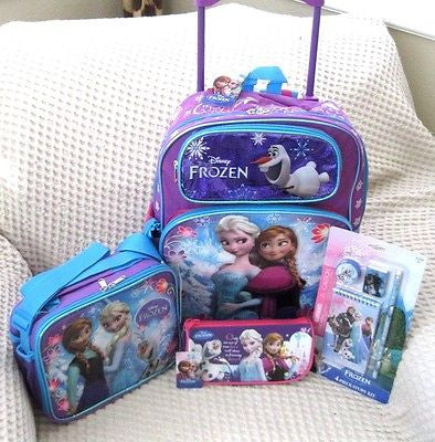 Frozen 16" Rolling Backpack,Lunchbox,Pencil Pouch,4 pc Stationary Set Combo-New!