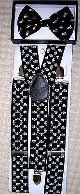 Unisex White Black Stars Adjustable Bow tie & 1" Stars Adjustable Suspenders-New