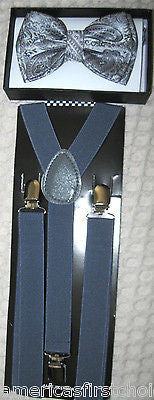 Silver Gray Paisley Tuxedo Bow Tie & Silver Gray Adjustable Suspenders Combo-New