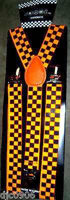 Unisex Black and Neon Orange Checkered AdjustableY-Style suspenders-New in Pkg