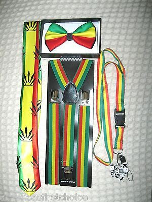 Rasta Adjustable Bow Tie,Rasta Tie Adjustable Suspenders,& Rasta Lanyard Combo