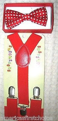 Kids Boys Girls Red Blue Plaid Adjustable Suspenders &Red Blue Plaid Bow Tie-New