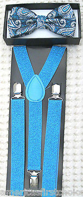 French Blue Silver Paisley Pattern Adjustable Bow Tie & Blue Y-Back Suspenders
