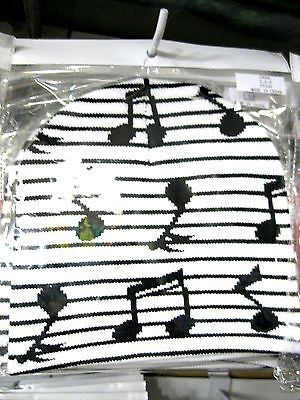 Black Musical Notes Black&White Stripes Winter Knitted Skull Beanie Ski Cap-New!