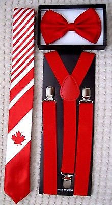 Canadian Canada Flag with Stripes 2" Necktie,Red Bow Tie and Red 1" Suspenders