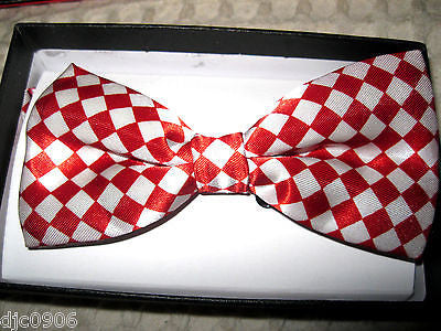 SHINY SOLID RED&WHITE CHECKERED SQUARED ADJUSTABLE  BOW TIE BOWTIE-NEW GIFT BOX!