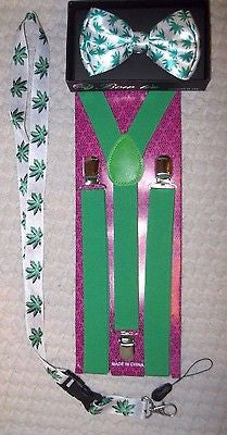 Marijuana MJ Bow Tie,Green Adj. Y-Back Suspenders & Marijuana MJ leaves Lanyard