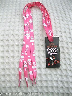 Premium Pink with White Skulls & Stars Rockabilly Punk Shoe laces Shoelaces-New