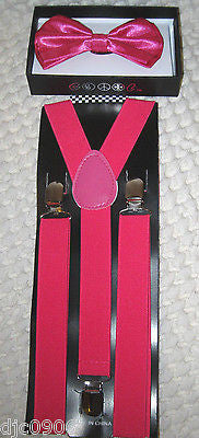 Hot Pink Bow Tie,Hot Pink Matching Pre-Tied Neck tie&Hot Pink Suspenders Set-New