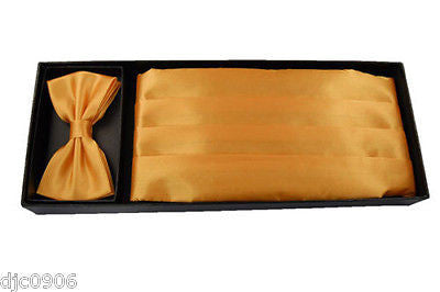 Unisex Men's Women's Solid SILK GOLD Wedding Cummerbund & Bow Tie Set-Brand New!