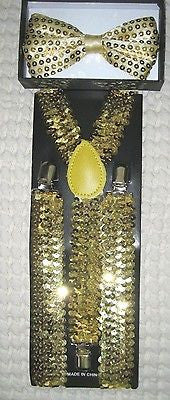 Gold Sequin Adjustable Bow tie&Gold Sequin Adjustable Suspenders Combo Set-V2