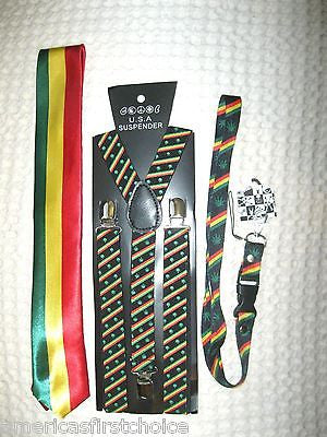 Rasta Stripes NeckTie&Rasta Stripes w/ MJ Leaves Adjustable Suspenders Combo-New