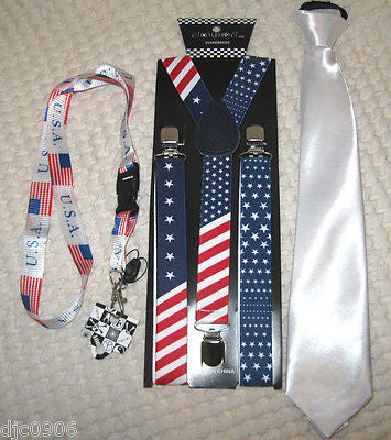 US Flag American Flag Suspenders,US Flag Lanyard&Solid White Pre-Tie NeckTie-New