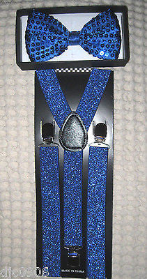 Blue Sequin Adjustable Bow Tie & Blue Sequin Adjustable Suspenders Set-New!