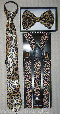 Purple cheetah leopard Bow Tie,Purple NeckTie&Purple Adjustable Suspenders-New!