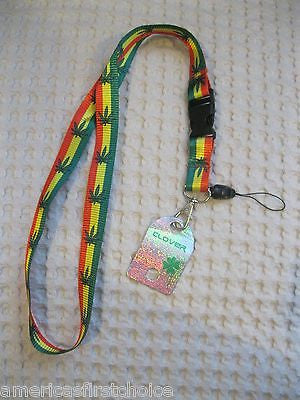 White w/ Rasta Stripes Marijuana MJ Weed Leaves 15" Lanyard ID Holder Keychain