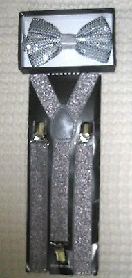 GRAY SILVER SEQUIN PATTERN  ADJUSTABLE  BOW TIE + SILVER GLITTER SUSPENDERS SET