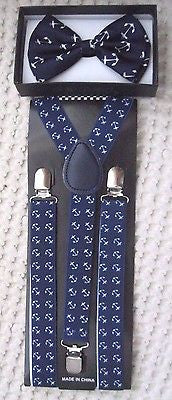 BLUE WITH WHITE ANCHORS TUXEDO BOW TIE+ MATCHING ADJUSTABLE SUSPENDERS COMBO SET