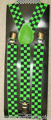 Neon Green Texedo Bow Tie & Green Checkers Adjustable Suspenders Combo-New