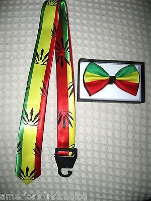 Rasta Adjustable Bow Tie and Rasta Stripes with MMJ Leaves Tie Combo-New!!
