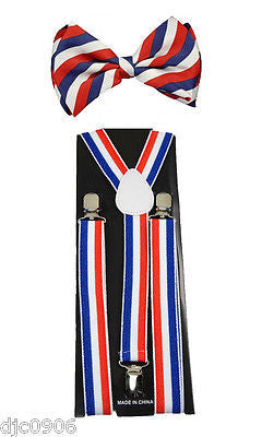 US Flag Patriotic Red White Blue Stripes Suspenders & matching Bow Tie-New