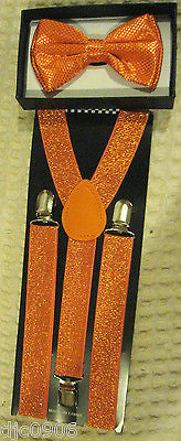 Solid Orange Diamond Mesh Pattern Bow Tie & Orange Glitter Y-Back Suspenders Set