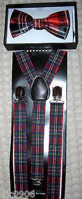 KIDS TEENS RED BLUE PLAID ADJUSTABLE BOW TIE+RED BLUE PLAID ADJ SUSPENDERS COMBO