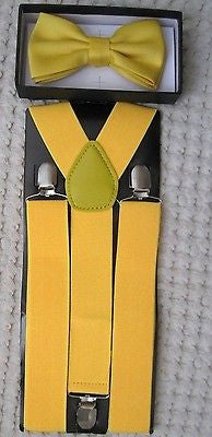 Solid Yellow Adjustable Bow Tie & WIDE Yellow Adjustable Suspenders Combo-New