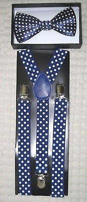 Navy Blue with White Polka Dot Adjustable Bow Tie & Y-Back Suspenders Combo-New!