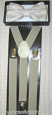 Gray Grey Silver Paisley Pattern Adjustable Bow Tie & Gray Y-Back Suspenders