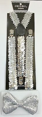 Silver Sequin Adjustable Bowtie & Silver Adjustable Suspenders Combo-New!