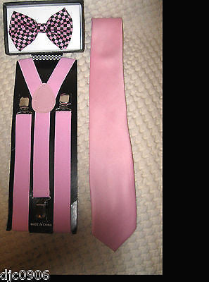 Pink Black Checkered Bow Tie,Matching Pink Neck tie & Pink Suspenders Set-New