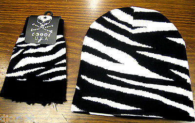 Black & White Strips Zebra Animal Safari Beanie Ski Cap+Matching Gloves -New!