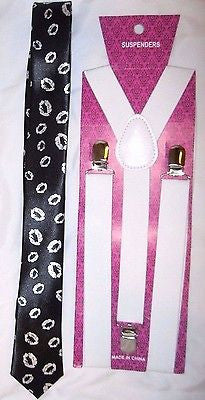 Black with White Pucker Lips Hearts Necktie,& Solid Black Y-Back Suspenders Set