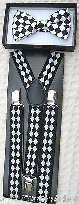 White Tuxedo Bow Tie & White Black Gray Gorgoyle Adjustable Suspenders Set-New