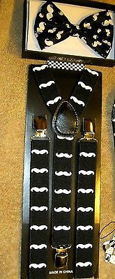 White Wide 1 1/2" Adjustable Suspenders & Black Adjustable Bow Tie COMBO-New!