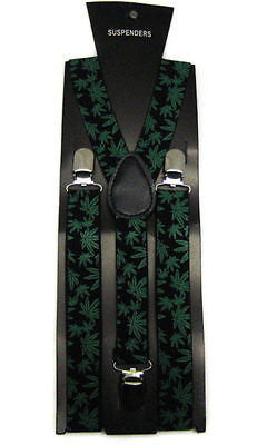 Unisex Green Marijuana Weed MJ Leaves on Black Suspenders Combo-New in Package!