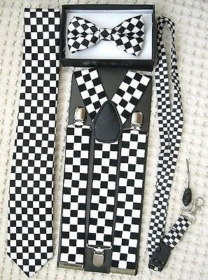 Black&White Checkers Bow tie,Necktie,Wide 1 1/2 Leopard Suspenders,&Lanyard-V2