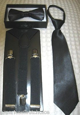 Kids Teens Black Adjustable Bow Tie,NeckTie & Black Adjustable Suspenders Set