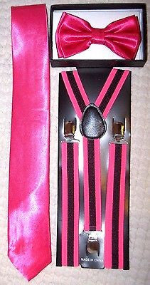 Hot Pink Adjustable Bow Tie,Hot Pink Necktie+Pink&Black Stripes Suspenders Combo