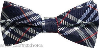 BLUE PLAID TUXEDO BOW TIE+ DARK BLUE NAVY BLUE ADJUSTABLE SUSPENDERS COMBO SET