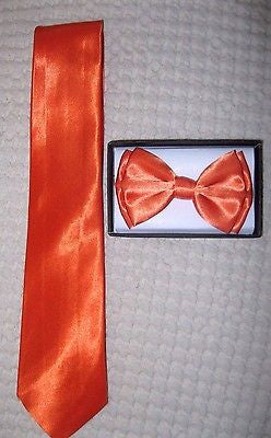 Solid Neon Orange Neck tie & Neon Orange Adjustable Bow Tie Combo Set! New!vers2