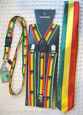 Rasta Stripes NeckTie &  Rasta Stripes with MJ Marijuana Leaves Suspenders-New