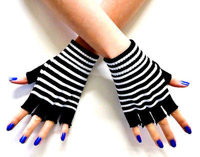 NEW BLACK AND WHITE STRIPED CUTOFF KNIT FINGERLESS GLOVES WINTER WOMENS GIRLS