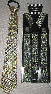 Gold Sequin Adjustable Pre-Tie Neck tie & Gold Glittered Suspenders Set-New!