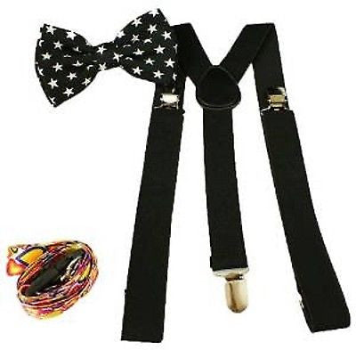 Unisex Black White Stars Adjustable Bow tie & 1" Black Adjustable Suspenders-New